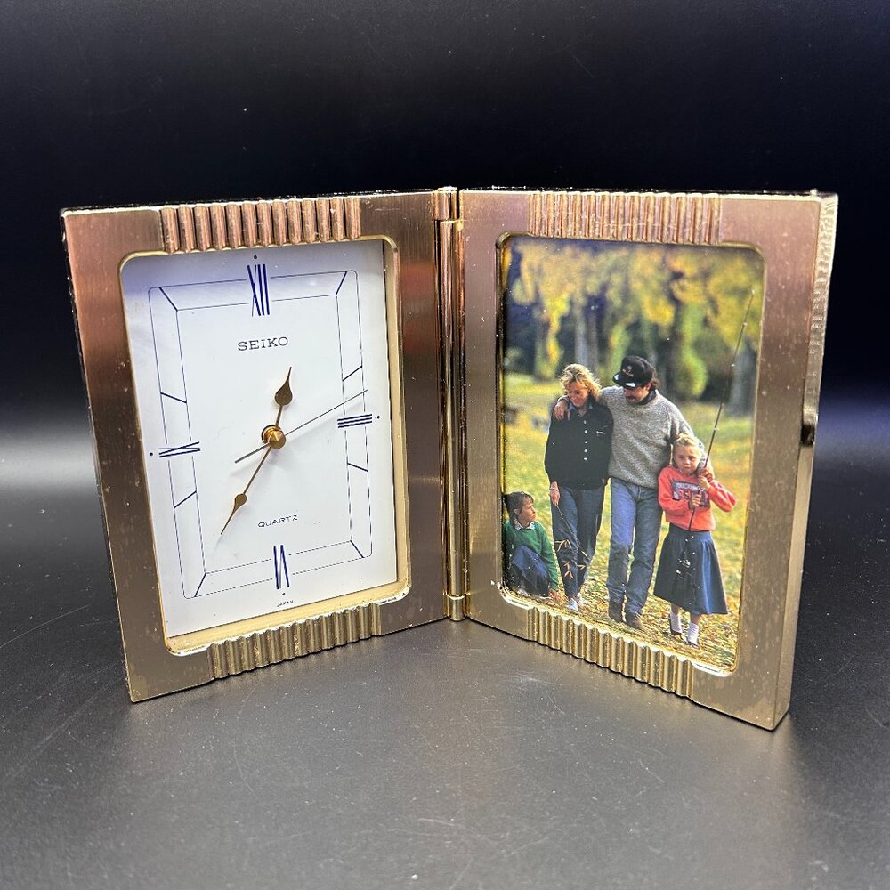 Vintage Seiko Gold Tone Folding Desk Clock w/ Picture Frame QQZ294G VTG